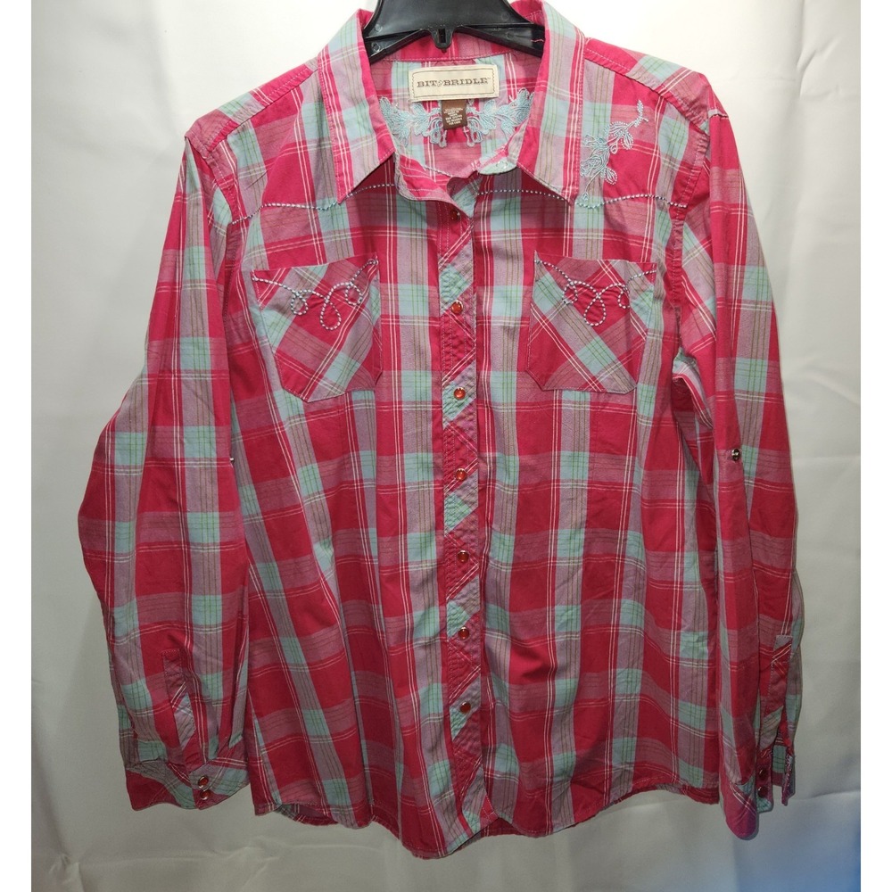 Women's Country Chic Bit &‎ Bridle Long Sleeve Pink Plaid Rodeo Medium Shirt